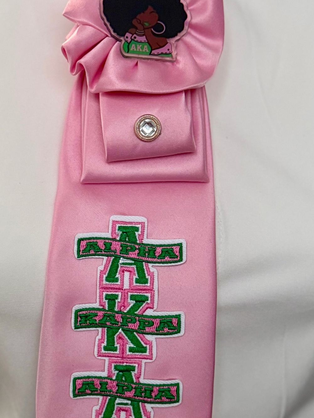 AKA Pink Satin Tie Necklace with Green Embroidery